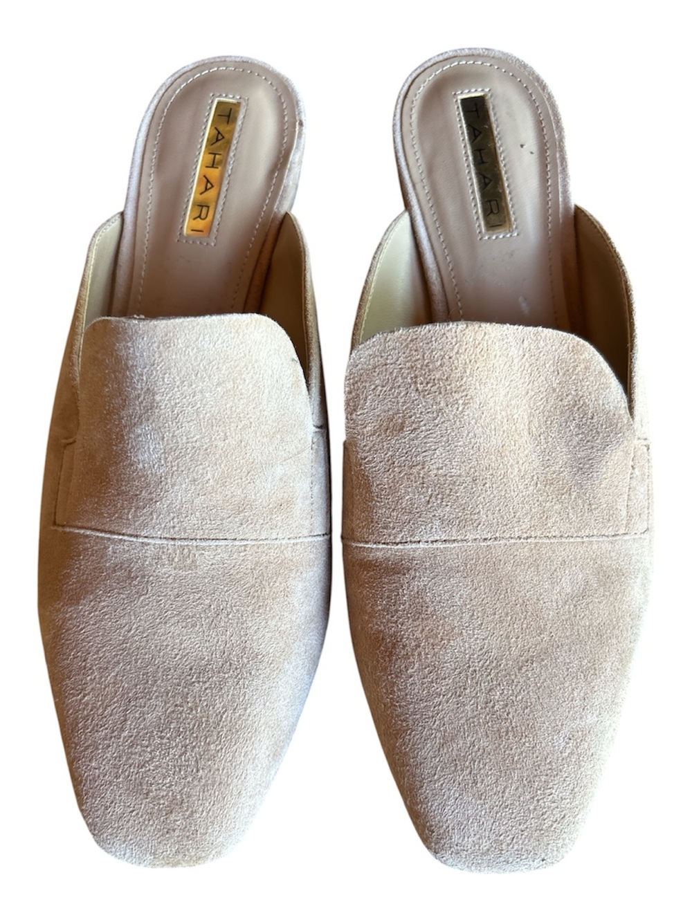 Tahari Beige Suede Backless Mules